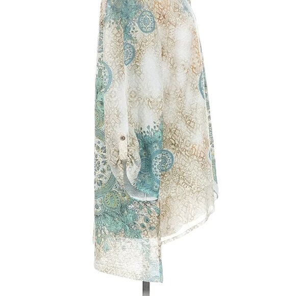 Chico's Sz 2 Assymetric Hi-Lo 3/4 Sleeve Mandala Pattern Boho Blouse - Picture 6 of 10